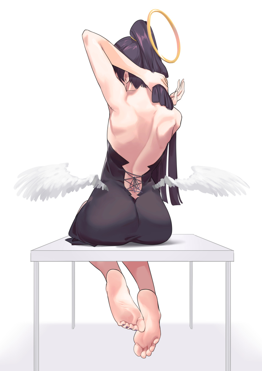 1girl absurdres adjusting_hair ass back backless_dress backless_outfit bare_arms barefoot black_dress black_hair dress feet from_behind halo highres hololive hololive_english long_hair low_wings nail_polish ninomae_ina'nis pompmaker1 purple_nails sitting soles solo toenail_polish toenails virtual_youtuber white_background white_wings wings