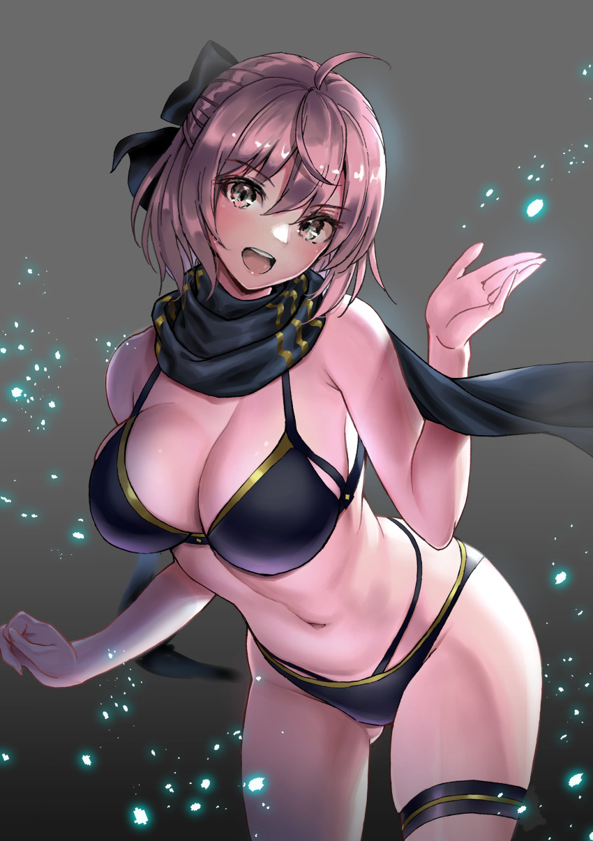 1girl absurdres ahoge bangs bare_shoulders bikini black_bikini black_bow black_gloves black_scarf blonde_hair blush bow breasts cleavage elbow_gloves fate/grand_order fate_(series) gloves hair_bow half_updo highleg highleg_bikini highres large_breasts looking_at_viewer multi-strapped_bikini navel okita_j._souji_(fate) okita_j._souji_(first_ascension)_(fate) okita_souji_(fate) open_mouth scarf short_hair single_glove smile solo stomach suishougensou swimsuit thigh_strap thighs wet wristband yellow_eyes