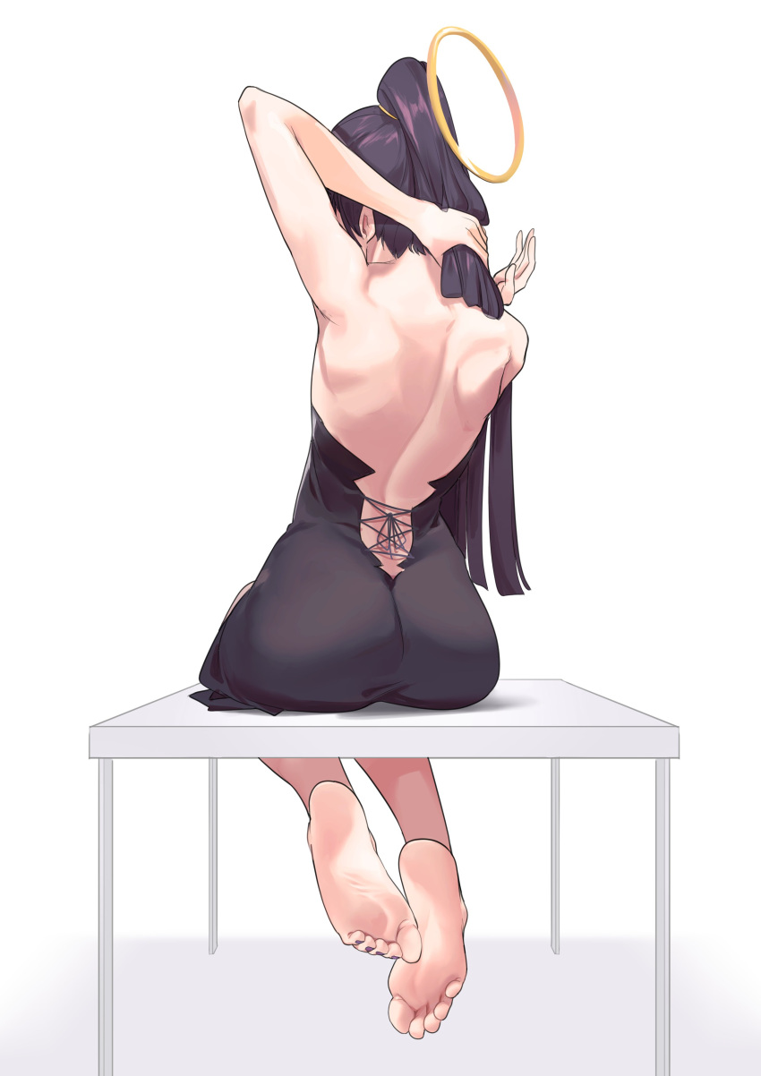 1girl absurdres ass back backless_outfit bare_back bare_shoulders feet halo highres hololive hololive_english long_hair ninomae_ina'nis pompmaker1 ponytail purple_hair sitting sitting_on_table tying_hair virtual_youtuber