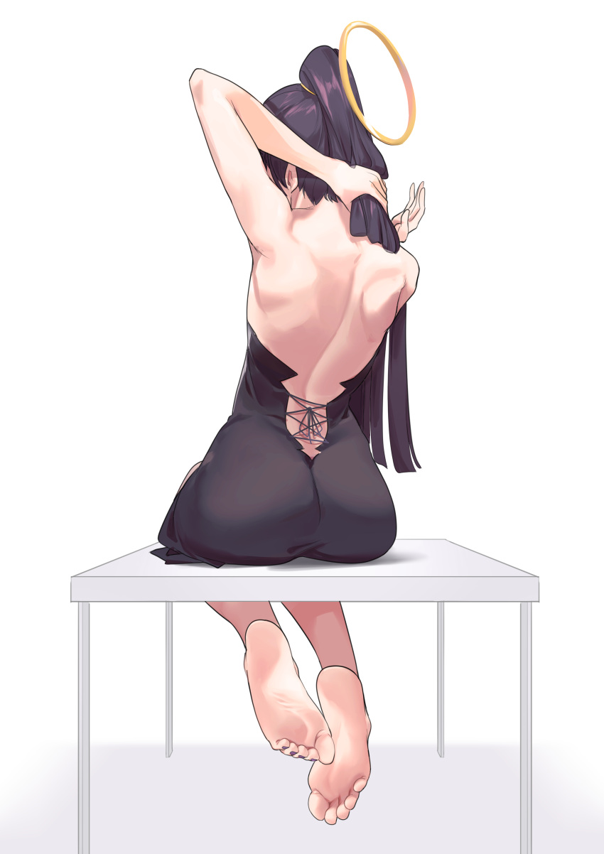 1girl absurdres adjusting_hair ass back backless_dress backless_outfit bare_arms barefoot black_dress black_hair dress feet from_behind halo highres hololive hololive_english long_hair nail_polish ninomae_ina'nis pompmaker1 purple_nails sitting soles solo toenail_polish toenails virtual_youtuber white_background