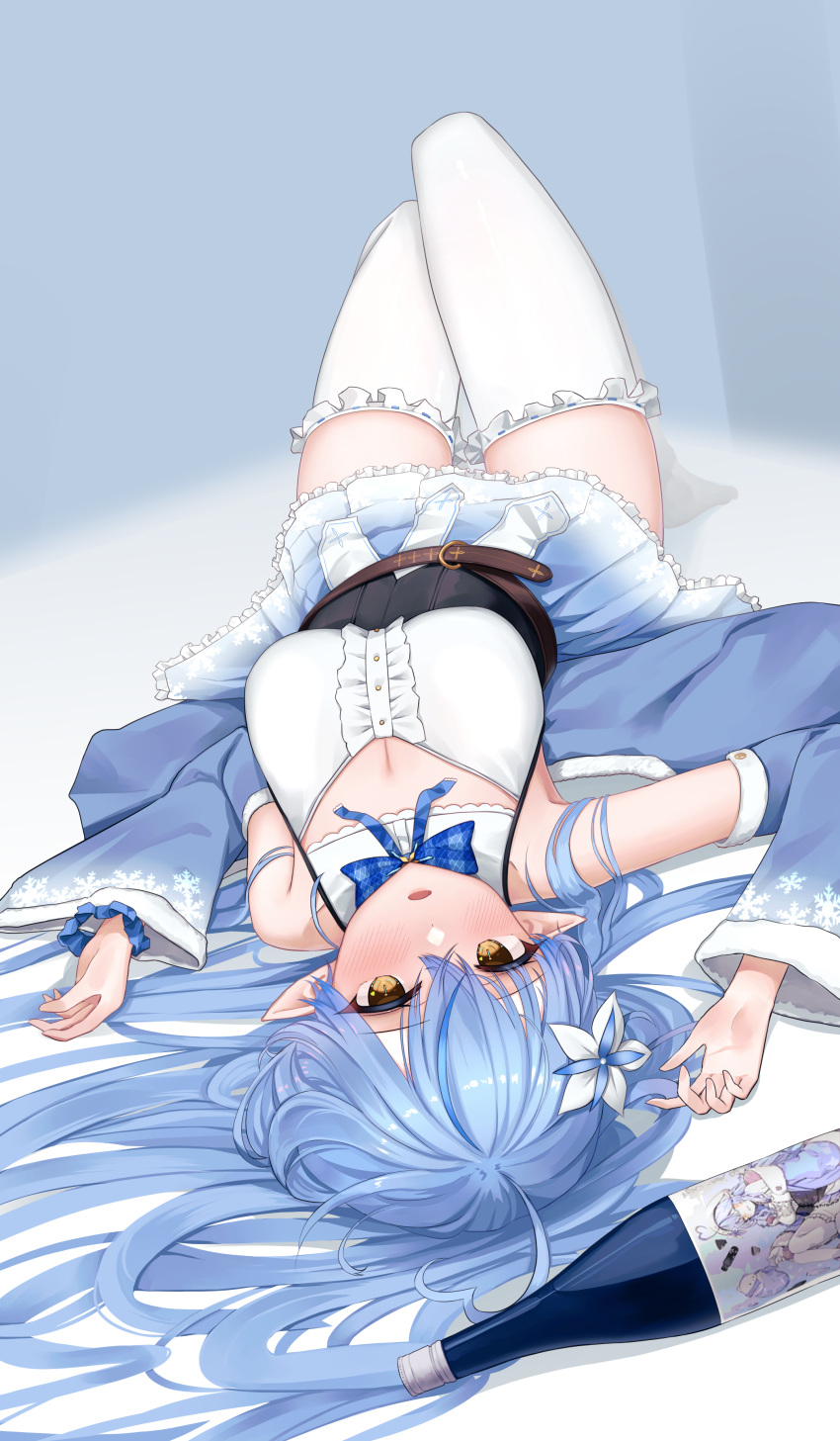 1girl absurdres arm_up armpits bare_shoulders belt blue_hair blue_skirt bow bowtie breasts cleavage daran9 detached_sleeves frilled_shirt frills gradient_clothes hand_up highres hololive large_breasts legs_up long_hair long_sleeves looking_at_viewer lying on_back open_mouth pointy_ears shirt skirt solo thighhighs thighs underbust upside-down virtual_youtuber white_legwear white_shirt wide_sleeves yellow_eyes yukihana_lamy zettai_ryouiki