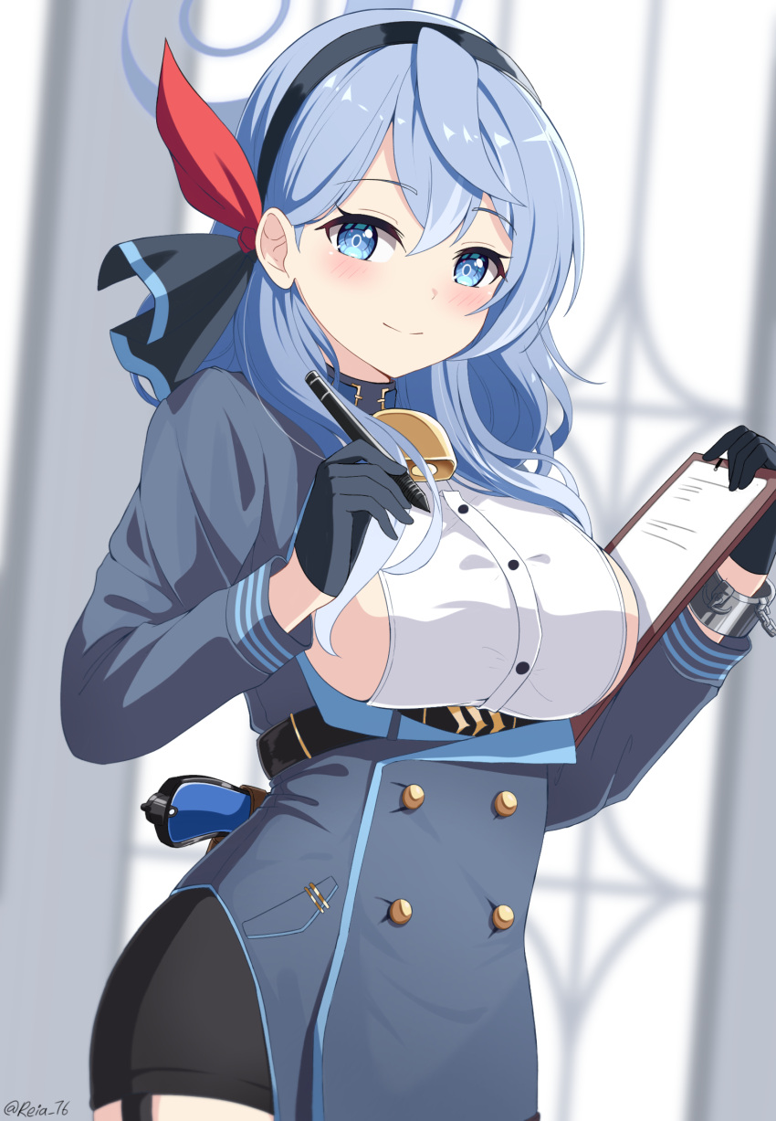 1girl ako_(blue_archive) bangs bell black_gloves black_skirt blue_archive blue_coat blue_eyes blue_hair blue_hairband blue_jacket breasts buttons choker clipboard coat cowbell cowboy_shot double-breasted gloves gun hair_between_eyes hairband halo handgun highres holding holding_clipboard jacket large_breasts neck_bell pistol reia_76 sideboob skirt weapon