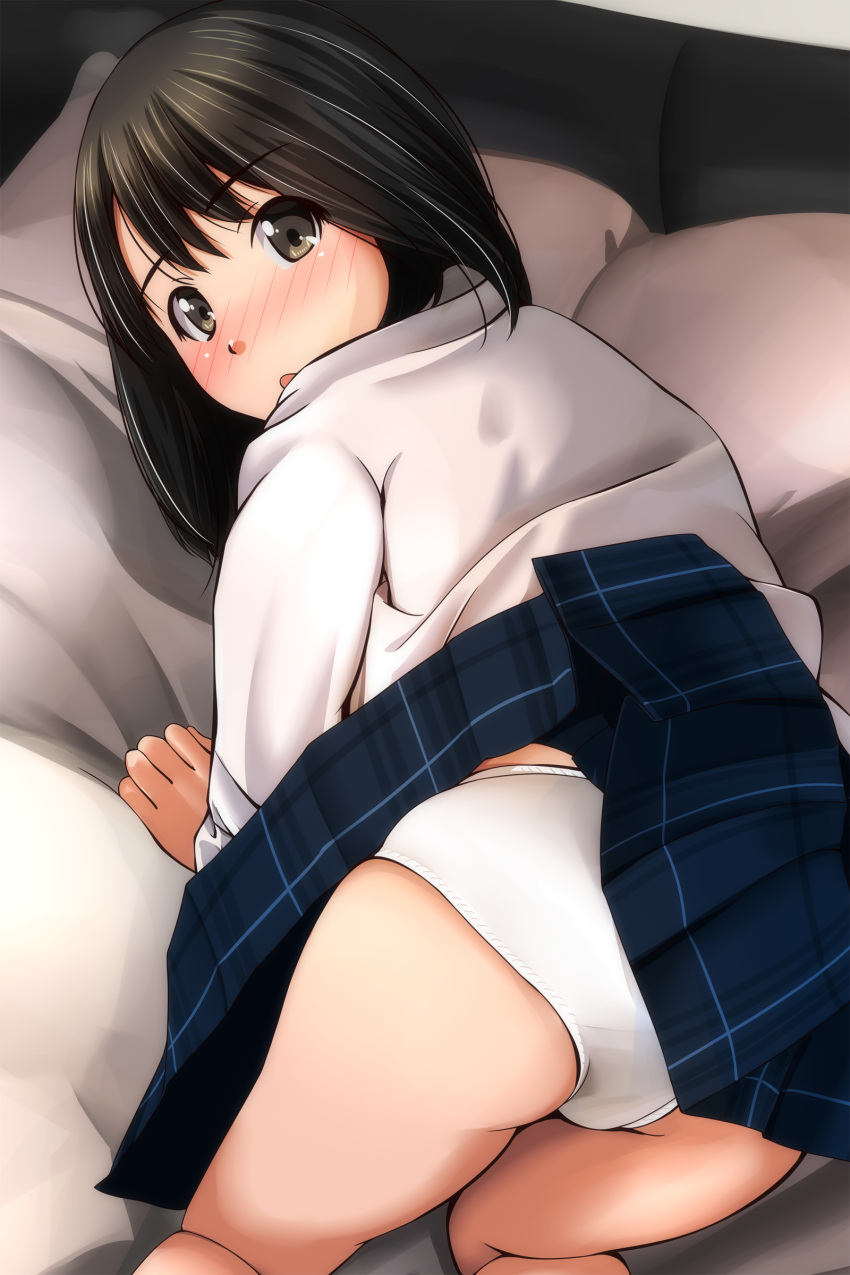 1girl absurdres all_fours ass bangs bed bed_sheet black_hair blue_skirt blush bob_cut brown_eyes collared_shirt commentary_request from_behind full-face_blush highres long_sleeves looking_at_viewer looking_back matsunaga_kouyou open_mouth original panties plaid plaid_skirt pleated_skirt school_uniform shirt short_hair skirt solo underwear upskirt white_panties white_shirt