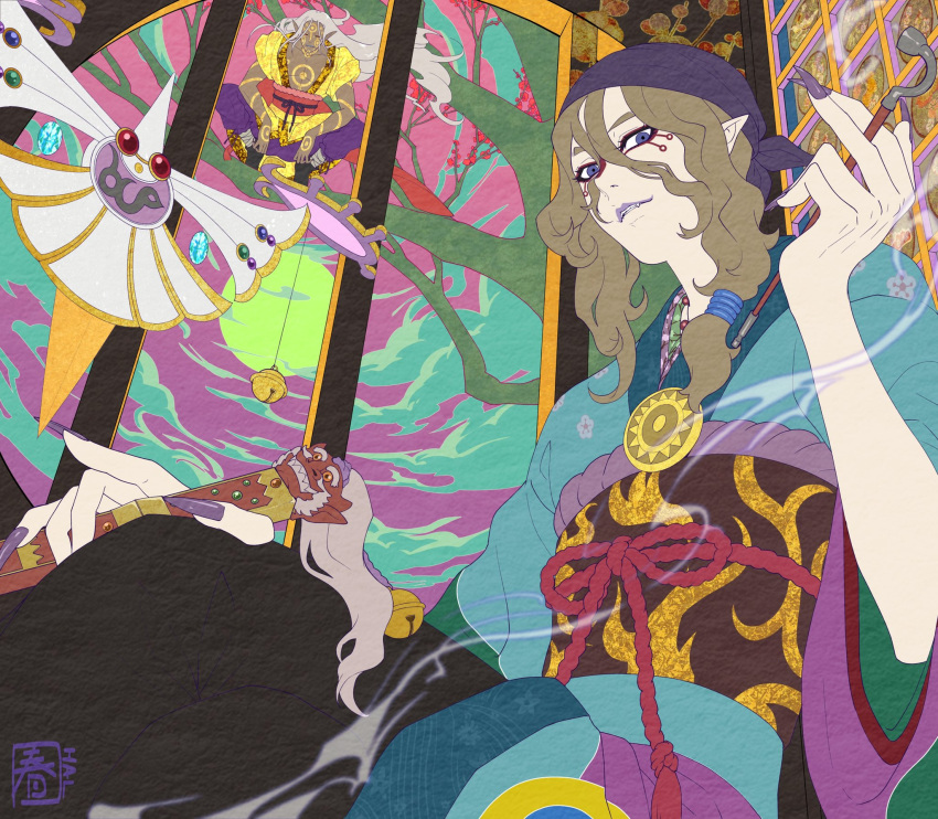 2boys bandaged_leg bandages blonde_hair blue_eyes blue_kimono bodypaint cloud cloudy_sky eyeliner facepaint fangs fingernails full_body full_moon grey_hair hair_between_eyes halu-ca highres holding holding_smoking_pipe holding_sword holding_weapon indoors japanese_clothes kimono kusuriuri_(dark) kusuriuri_(mononoke) long_hair looking_at_viewer low_ponytail makeup male_focus medicine_seller mononoke moon multicolored_clothes multicolored_kimono multiple_boys pale_skin pants pectorals pointy_ears purple_bandana purple_lips purple_nails purple_pants sharp_fingernails sitting sky smoke smoking_pipe solo_focus squatting sword sword_of_exorcism tree upper_body wavy_hair weapon window