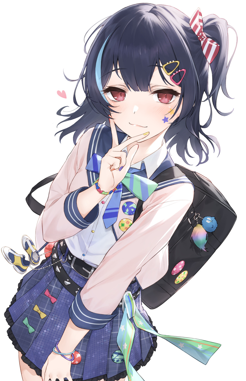1girl bag bangs belt belt_buckle black_belt black_hair blue_hair blue_nails blue_sailor_collar blue_skirt bow brown_jacket brown_nails buckle closed_mouth commentary_request diagonal-striped_bow green_bow hair_ornament hairclip hayashi_kewi heart highres idolmaster idolmaster_shiny_colors jacket long_hair morino_rinze multicolored_hair one_side_up open_clothes open_jacket pleated_skirt red_bow red_eyes red_nails sailor_collar school_bag school_uniform serafuku shirt simple_background skirt smile solo streaked_hair v_over_mouth white_background white_shirt yellow_bow yellow_nails