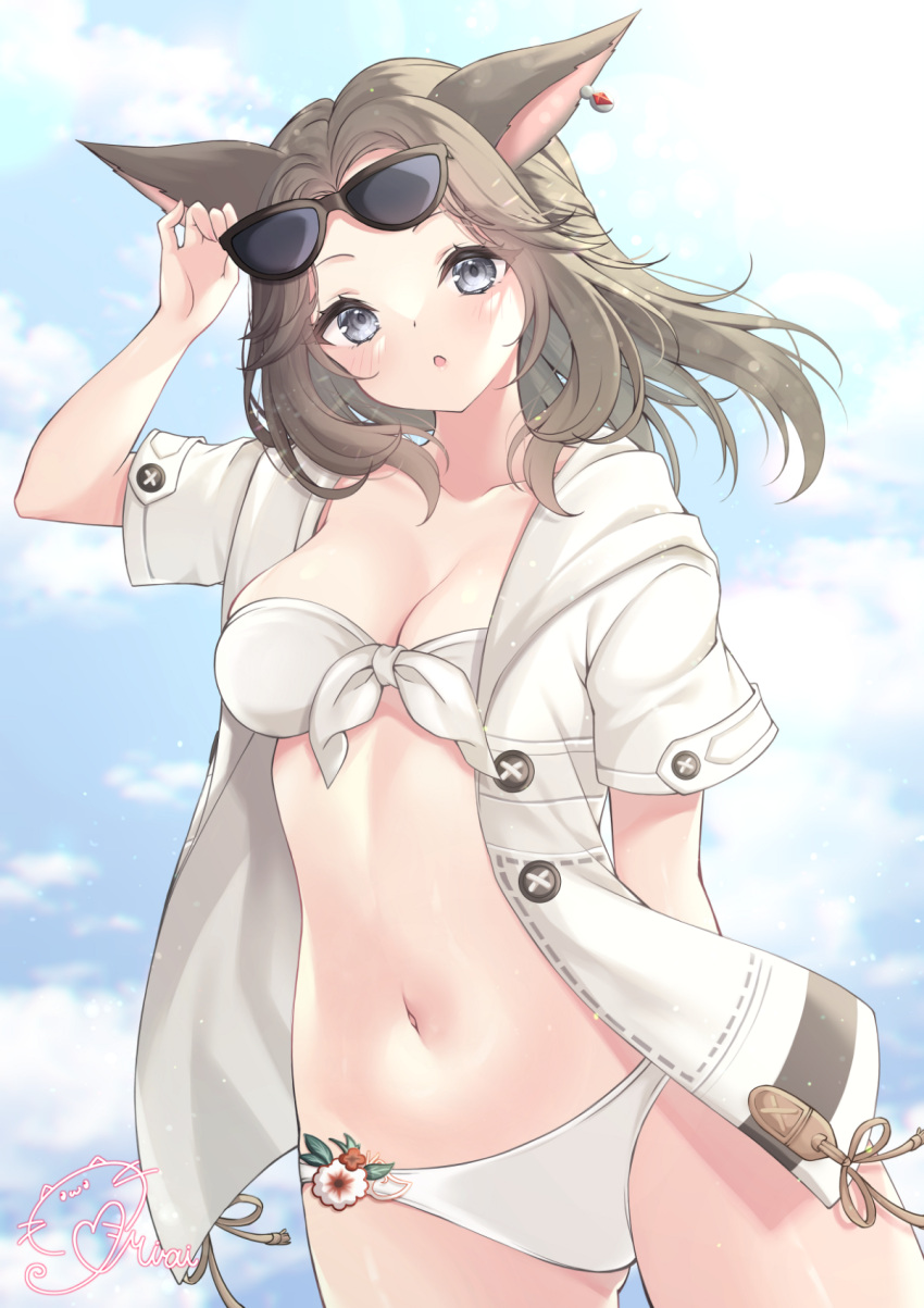 1girl :o animal_ears avatar_(ff14) bangs bikini bikini_under_clothes black-framed_eyewear blue_sky blush breasts cat_ears cleavage cloud cloudy_sky commentary_request commission day eyewear_on_head final_fantasy final_fantasy_xiv front-tie_bikini front-tie_top grey_eyes highres jacket long_hair looking_at_viewer medium_breasts miqo'te mirai_(happy-floral) navel open_clothes open_jacket outdoors parted_bangs parted_lips short_sleeves signature skeb_commission sky solo sunglasses swimsuit white_bikini white_jacket