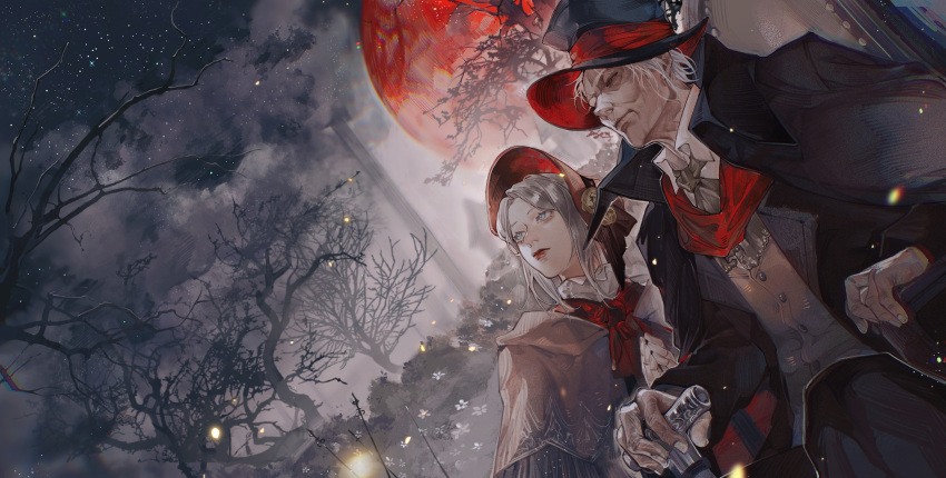 1boy 1girl absurdres ascot black_coat black_headwear bloodborne blue_eyes bonnet brown_capelet bush cane capelet cloud cloudy_sky coat collared_coat commentary dutch_angle english_commentary expressionless flower full_moon gehrman_the_first_hunter grey_ascot grey_hair hat highres holding holding_cane light_particles looking_up moon night night_sky old old_man outdoors plain_doll red_ascot red_headwear red_lips red_moon short_hair sitting sky star_(sky) starry_sky top_hat tree upper_body white_hair wrinkled_skin yu_anle_bu_le