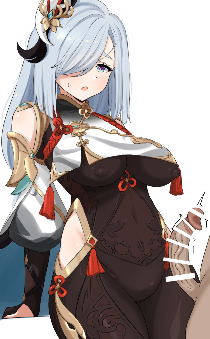 1boy 1girl bangs bar_censor black_bodysuit blush bodysuit breast_curtain breasts bridal_gauntlets censored covered_navel covered_nipples donutman genshin_impact gloves gold_trim grey_hair grinding hair_ornament hair_over_one_eye highres hip_vent large_breasts legs_together long_hair looking_at_another nipples one_eye_covered open_mouth paid_reward_available partially_fingerless_gloves penis see-through shenhe_(genshin_impact) standing sweatdrop thighs white_background