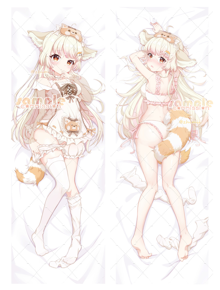 1girl absurdres animal_ear_fluff animal_ears armpits ass barefoot bikini bloomers bloomers_pull blush breasts brown_eyes brown_hair brown_shirt dakimakura_(medium) dog_ears dog_girl dog_tail eye_mask feet full_body hair_ornament hand_to_own_mouth highres kneepits legs long_hair looking_at_viewer loose_thighhigh lying no_shoes on_back on_stomach open_mouth original panties pulled_by_self sample_watermark shirt side-tie_bikini soles solo sweat swimsuit tail tail_around_leg tears thighhighs thighs toes underwear white_bikini white_bloomers white_legwear white_panties zhimii