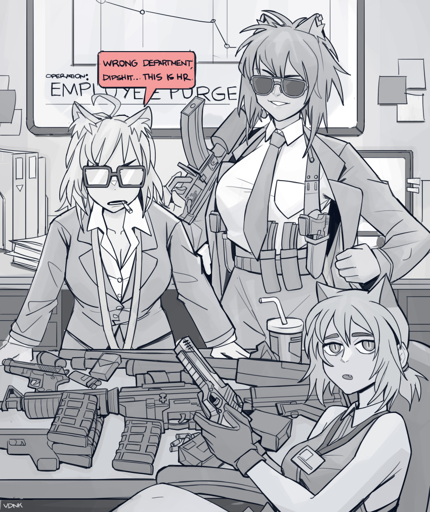 19vodnik 3girls :&gt; absurdres animal_ears artist_name aviator_sunglasses breasts bullet cat_ears cat_girl cigarette cleavage closed_mouth collarbone collared_shirt english_commentary english_text fang formal gloves greyscale grin gun hand_on_table handgun highres holster holstered_weapon lanyard large_breasts leaning_forward looking_at_viewer magazine_(weapon) monochrome multiple_girls open_mouth original profanity rifle shirt signature sleeveless smile speech_bubble suit suit_jacket sunglasses teeth trigger_discipline weapon weapon_request whiteboard