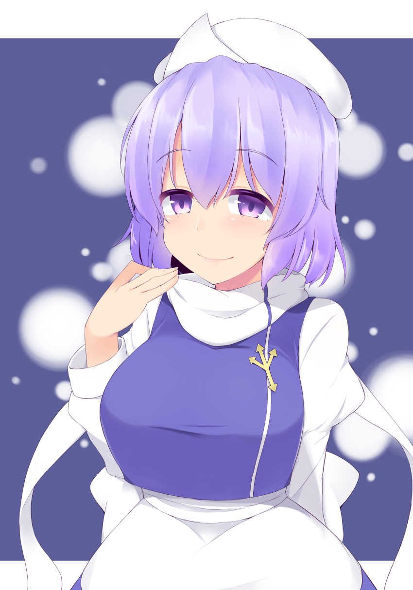 1girl absurdres bangs breasts closed_mouth garasuita highres large_breasts letty_whiterock looking_at_viewer polearm purple_eyes purple_hair purple_vest scarf short_hair smile solo touhou trident upper_body vest weapon white_headwear white_scarf