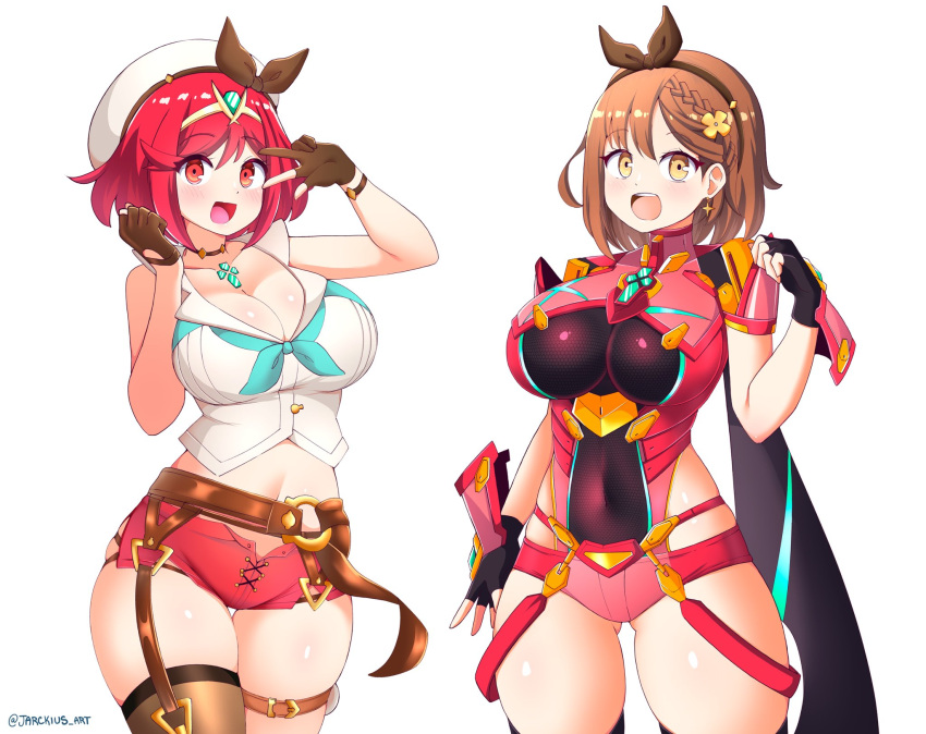 2girls atelier_(series) atelier_ryza bangs black_gloves breasts brown_eyes brown_hair chest_jewel cosplay costume_switch earrings fingerless_gloves gloves highres jarckius jewelry large_breasts multiple_girls pyra_(xenoblade) pyra_(xenoblade)_(cosplay) red_eyes red_hair red_shorts reisalin_stout reisalin_stout_(cosplay) short_hair short_shorts shorts swept_bangs thick_thighs thighs tiara xenoblade_chronicles_(series) xenoblade_chronicles_2