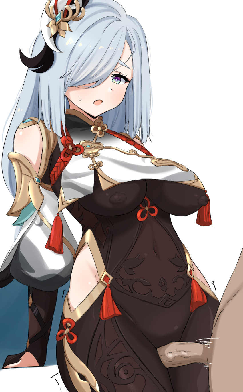 1boy 1girl bangs bar_censor black_bodysuit blush bodysuit breast_curtain breasts bridal_gauntlets censored clothed_sex covered_navel covered_nipples donutman genshin_impact gloves gold_trim grey_hair grinding hair_ornament hair_over_one_eye highres hip_vent large_breasts legs_together long_hair looking_at_another nipples one_eye_covered open_mouth paid_reward_available partially_fingerless_gloves penis see-through shenhe_(genshin_impact) standing sweatdrop thigh_sex thighs twitching white_background