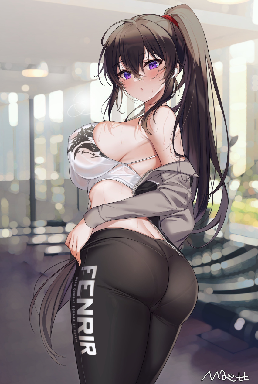 1girl absurdres ass bare_shoulders black_hair black_pants blurry blurry_background breasts counter:side cowboy_shot crop_top depth_of_field earphones from_behind grey_jacket gym highres indoors jacket large_breasts long_hair long_sleeves looking_at_viewer looking_back maett midriff off_shoulder open_clothes open_jacket pants pantylines parted_lips ponytail purple_eyes sidelocks skindentation sleeveless solo spaghetti_strap sports_bra standing sweat very_long_hair yoga_pants yoo_mina