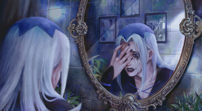 1boy absurdres bangs black_lips clothing_cutout covering_one_eye cross-laced_cutout crying dripping from_behind hand_on_own_face hat highres jojo_no_kimyou_na_bouken koha_(xxkohaku) leone_abbacchio lipstick long_sleeves looking_at_mirror makeup male_focus mascara mirror nail_polish parted_bangs picture_(object) plant purple_eyes reflection runny_makeup shirt sleeves_past_wrists tears tile_wall tiles vento_aureo white_shirt