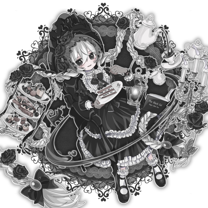 1girl bangs black_eyes black_theme blush bonnet book bow braid brooch cake cake_slice candelabra candle collared_dress cream_puff creamer_(vessel) cup dress fire flower food frills fruit gloves gothic_lolita hair_bow hair_flower hair_ornament highres holding holding_plate jewelry lace lace_gloves lantern lolita_fashion long_hair long_sleeves macaron mary_janes open_book open_mouth original pitcher plate pocan pouring pudding rose saucer shoes smile socks solo strawberry sugar_bowl tea teacup tiered_tray twin_braids very_long_hair white_hair