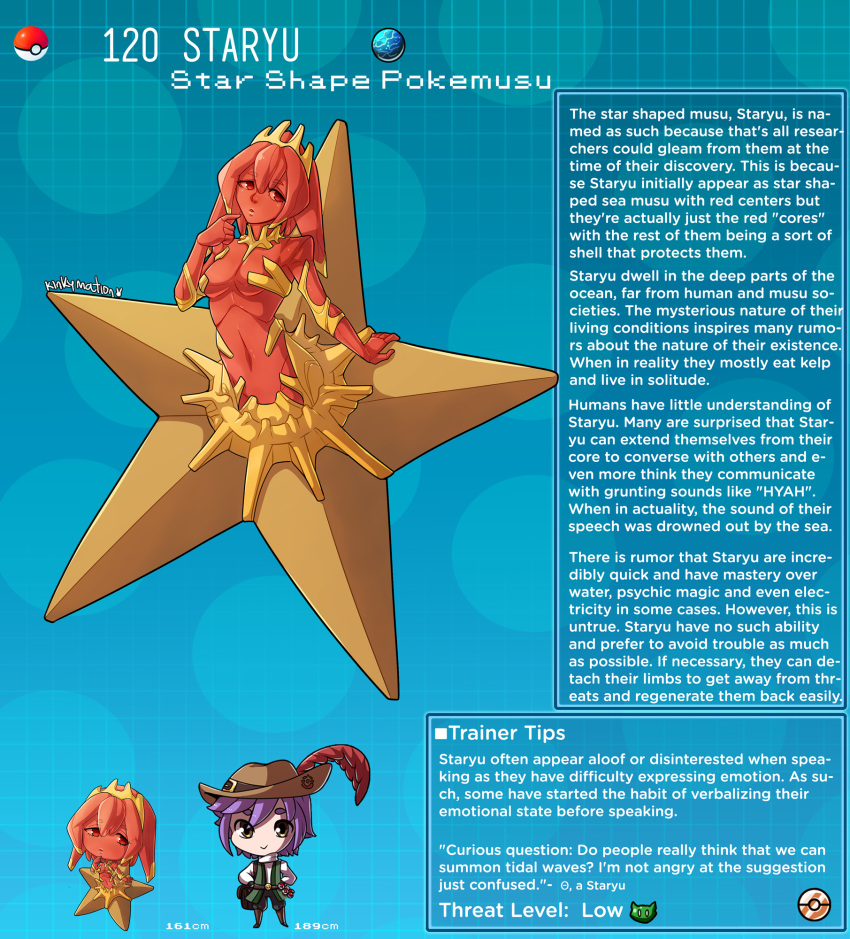 1boy 1girl artist_name blue_background breasts character_name character_profile colored_skin crystal_hair english_commentary english_text hat_feather highres kinkymation personification poke_ball poke_ball_(basic) pokemon purple_hair red_eyes red_skin small_breasts staryu tiara