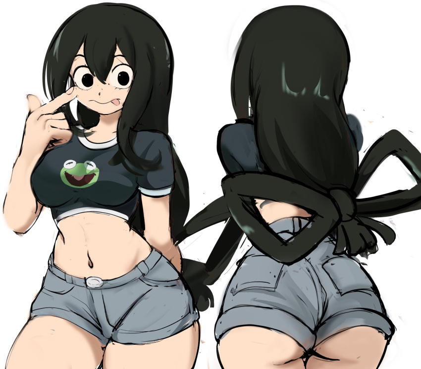 1girl arm_behind_back ass asui_tsuyu bangs black_eyes black_hair boku_no_hero_academia breasts character_print cowboy_shot cropped_shirt from_behind hair_between_eyes high-waist_shorts highres kermit_the_frog large_hands multiple_views muppets navel rakeemspoon short_shorts short_sleeves shorts simple_background sketch symbol-only_commentary thigh_gap thighs tongue tongue_out underbutt wide_hips