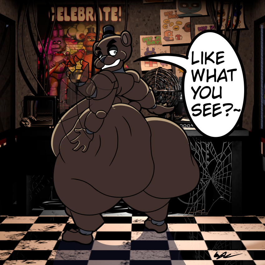 absurd_res animatronic anthro big_butt butt checkered_floor desk five_nights_at_freddy's floor freddy_(fnaf) furniture hi_res huge_butt hyper hyper_butt jiggling kylefrommicrosoft machine male mammal monitor office overweight overweight_male ripples robot scottgames solo spanking spider_web table tile tile_floor ursid video_games