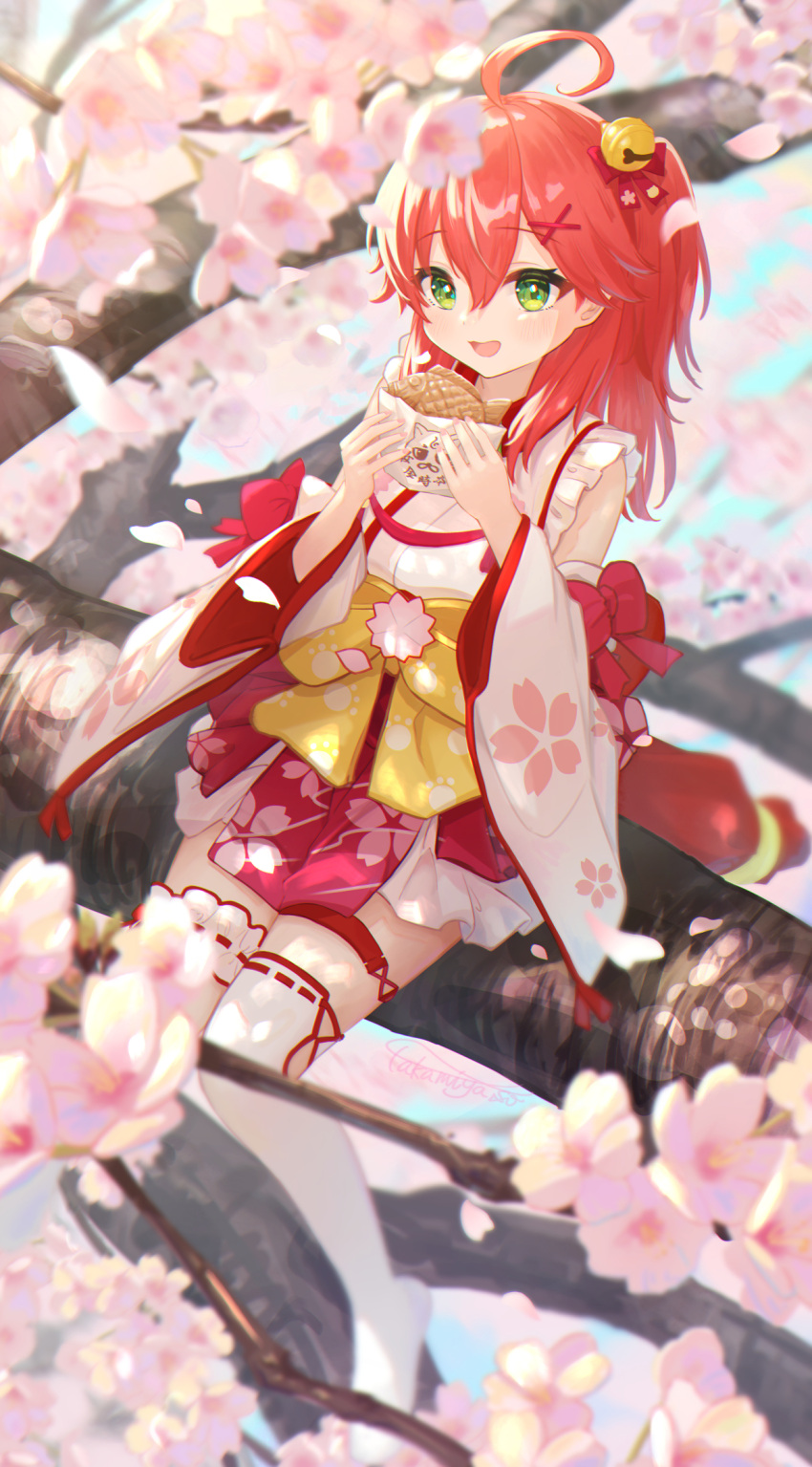 1girl :d ahoge asymmetrical_legwear bangs bell blush bridal_garter cherry_blossom_print cherry_blossoms dappled_sunlight day detached_sleeves falling_petals floral_print food green_eyes hair_bell hair_ornament hair_ribbon hands_up highres holding holding_food hololive in_tree japanese_clothes long_hair long_sleeves looking_at_viewer nontraditional_miko obi one_side_up open_mouth petals pink_hair pleated_skirt ribbon sakura_miko sash shirt sitting skirt sleeveless sleeveless_shirt smile solo sunlight taiyaki takamiya_so thigh_strap tree virtual_youtuber wagashi wide_sleeves wrapper