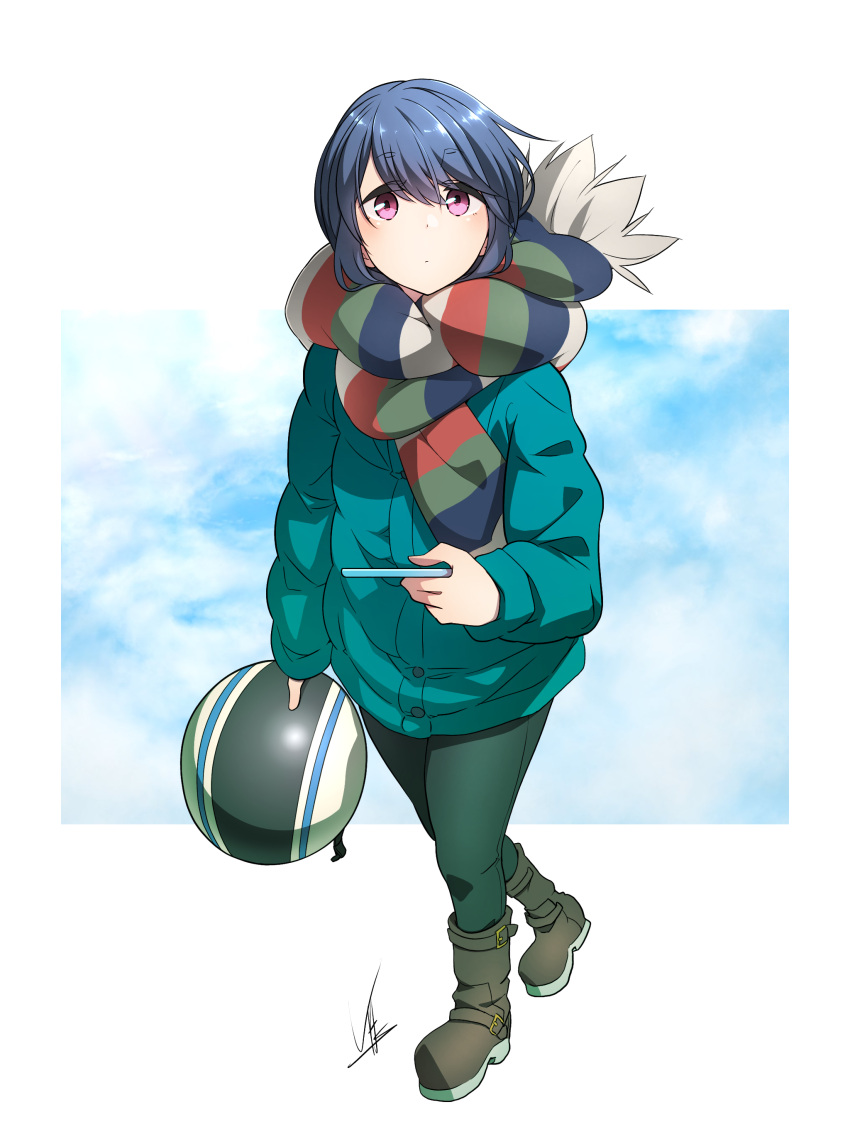 1girl absurdres blue_hair boots cellphone headwear_removed helmet helmet_removed highres holding holding_helmet holding_phone jacket motorcycle_helmet phone pink_eyes scarf shima_rin smartphone solo walking yasu_(pixiv) yurucamp