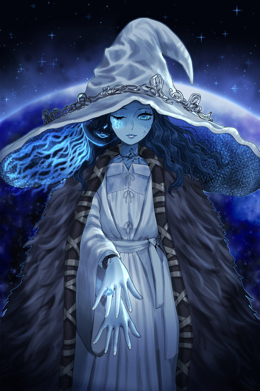 1girl absurdres blue_eyes blue_hair blue_lips blue_outline blue_skin blue_theme cloak colored_skin commentary cowboy_shot cracked_skin doll_joints dress elden_ring english_commentary extra_arms extra_faces fur_cloak glint glowing hat highres jewelry joints long_sleeves looking_at_viewer medium_hair night night_sky one_eye_closed outline outstretched_arms parted_lips planet ranni_the_witch ring sky smile solo star_(sky) starry_sky wavy_hair white_dress white_headwear wide_sleeves witch_hat zerosshadows