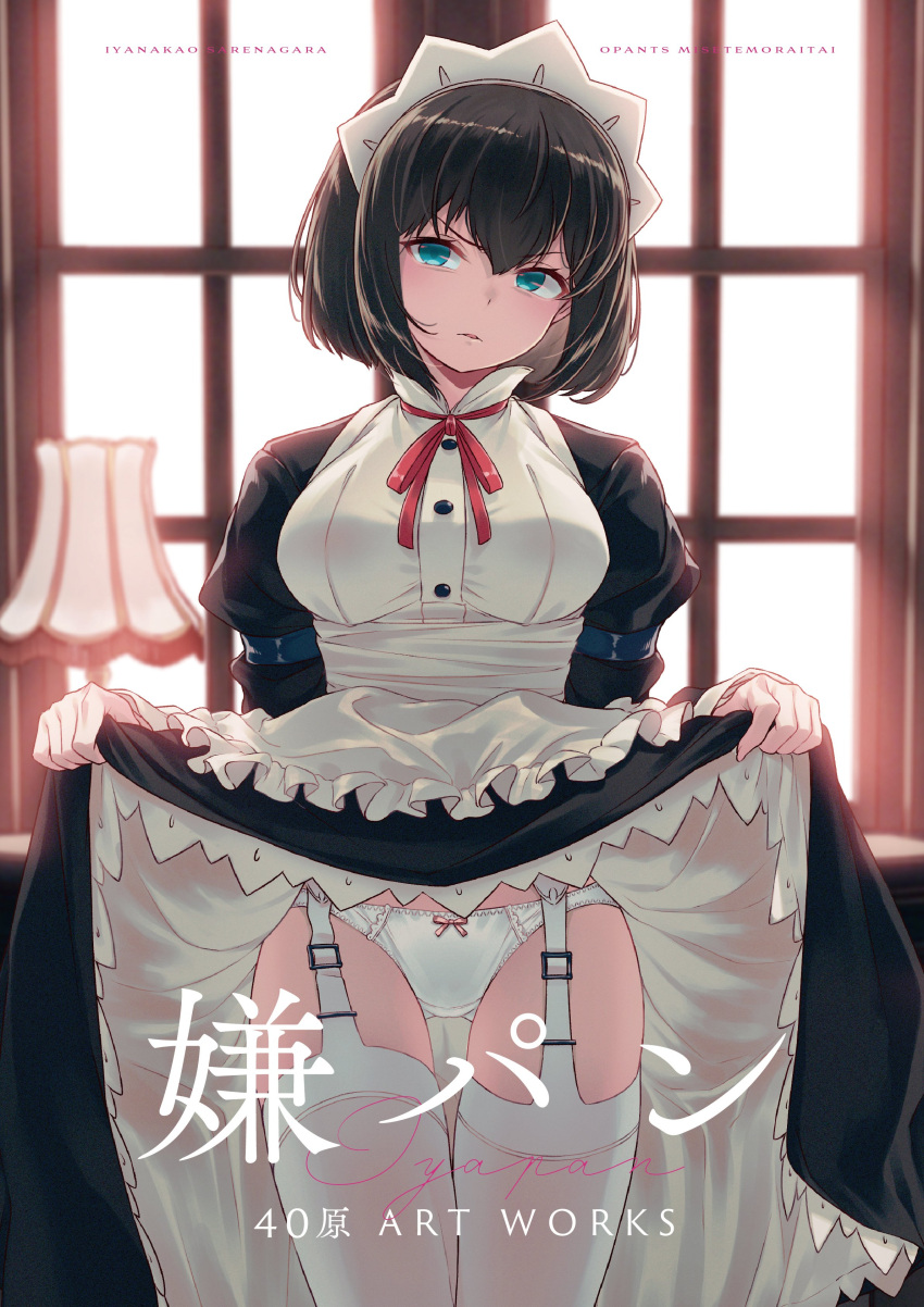 1girl 40hara absurdres apron apron_lift arm_strap artbook backlighting bangs black_hair bow bow_panties breasts clothes_lift cover cover_page day disgust dress dress_lift frilled_apron frilled_dress frills garter_straps glaring green_eyes highres indoors itou_chitose iya_na_kao_sare_nagara_opantsu_misete_moraitai juliet_sleeves lantern large_breasts lifted_by_self long_sleeves looking_at_viewer maid maid_apron maid_headdress neck_ribbon panties panties_over_garter_belt parted_lips puffy_sleeves red_ribbon ribbon scowl short_hair signature skirt_hold solo thighhighs underwear watermark white_apron white_legwear white_panties window