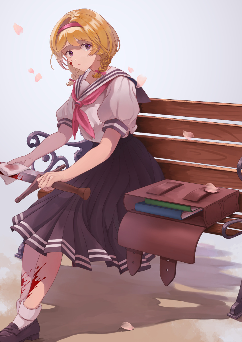 1girl absurdres alternate_costume ankle_socks bag bangs blonde_hair blood blood_on_face blood_on_leg blood_on_weapon braid braided_ponytail cleaning_weapon djeeta_(granblue_fantasy) falling_petals granblue_fantasy hair_intakes hair_ornament hair_ribbon hairband highres looking_at_viewer nyapanu parted_lips petals purple_eyes ribbon school_bag school_uniform serafuku short_hair simple_background sitting sitting_on_bench socks solo sword twintails weapon white_background