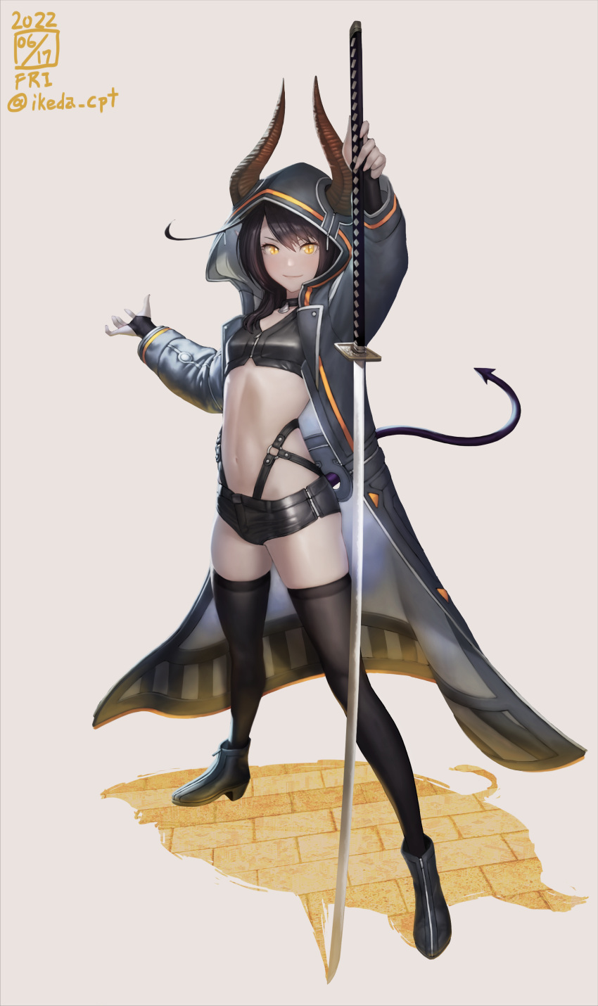 1girl absurdres arm_up black_choker black_coat black_footwear black_hair black_legwear black_shirt black_shorts boots breasts choker closed_mouth coat crop_top demon_horns demon_tail full_body highleg highres holding holding_sword holding_weapon hooded_coat horns ikeda_(cpt) katana legs_apart long_hair long_sleeves looking_at_viewer micro_shorts midriff navel original shirt short_shorts shorts slit_pupils small_breasts smile solo standing stomach sword tail thighhighs thighs weapon yellow_eyes