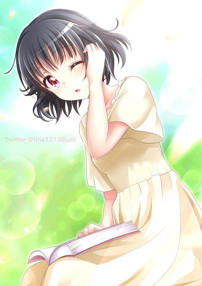 1girl artist_name bang_dream! black_hair book book_on_lap dress dutch_angle hand_up highres lens_flare looking_at_viewer one_eye_closed open_mouth reading red_eyes short_hair solo tina_(pixiv37050289) ushigome_rimi yellow_dress