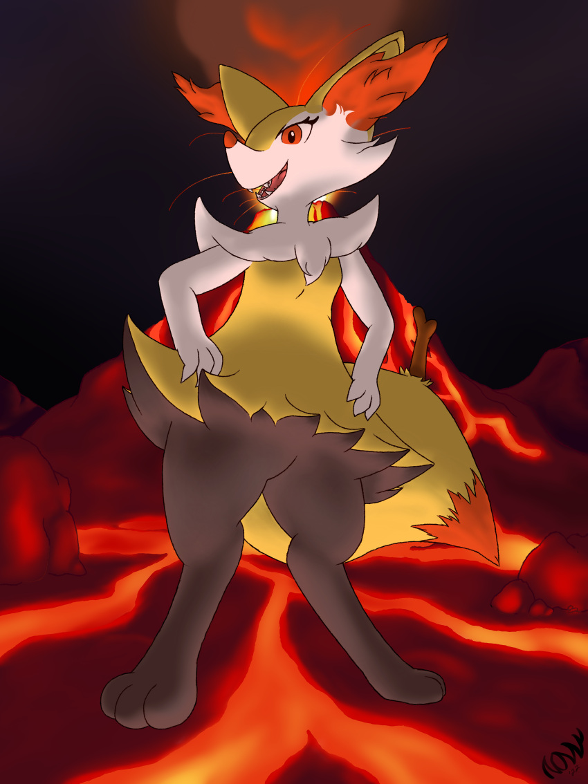 absurd_res anthro braixen cloudy explosion fangs female fire fur grey_body grey_fur hi_res lava mountain nintendo nonny18675309 pok&eacute;mon pok&eacute;mon_(species) red_body red_eyes red_fur rock smile smoke solo stick teeth tongue video_games volcano white_body white_fur yellow_body yellow_fur