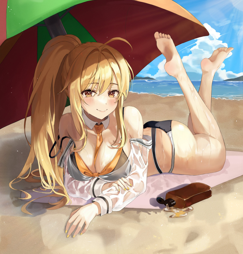 1girl absurdres ahoge ass bad_id bad_twitter_id bare_arms bare_legs bare_shoulders barefoot beach beach_mat beach_umbrella between_breasts bikini black_bikini blonde_hair breasts cleavage closed_mouth day detached_collar fakey feet highres large_breasts legs_up long_hair long_sleeves looking_at_viewer lotion_bottle lying multi-strapped_bikini necktie ocean off_shoulder on_stomach original outdoors ponytail see-through see-through_sleeves sidelocks smile solo strap_slip string_bikini swimsuit the_pose thighs umbrella very_long_hair wet wrist_cuffs yellow_eyes