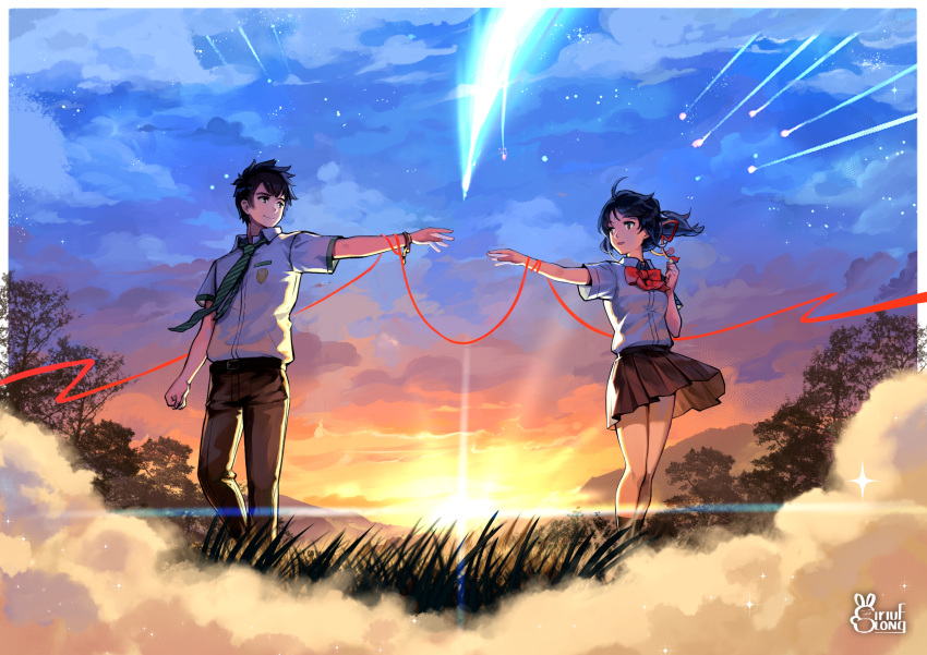 1boy 1girl ahoge black_hair black_legwear black_skirt border bow closed_mouth cloud commentary_request contrapposto dust frilled_skirt frills full_body green_necktie highres kimi_no_na_wa. legs_apart legs_together looking_at_another miyamizu_mitsuha necktie open_mouth outdoors outstretched_arms red_bow red_ribbon ribbon school_uniform shirt shooting_star short_hair short_sleeves signature siriuflong skirt sky smile sparkle string string_of_fate striped_necktie sunset tachibana_taki tree white_border white_shirt
