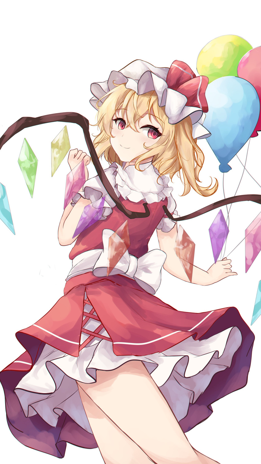 1girl absurdres balloon blonde_hair bow crystal flandre_scarlet hair_between_eyes hat highres looking_back mob_cap one_side_up orchid_(orukido) petticoat puffy_short_sleeves puffy_sleeves red_eyes red_skirt red_vest ribbon shirt short_sleeves simple_background skirt solo standing thighs touhou vest white_background white_headwear wings