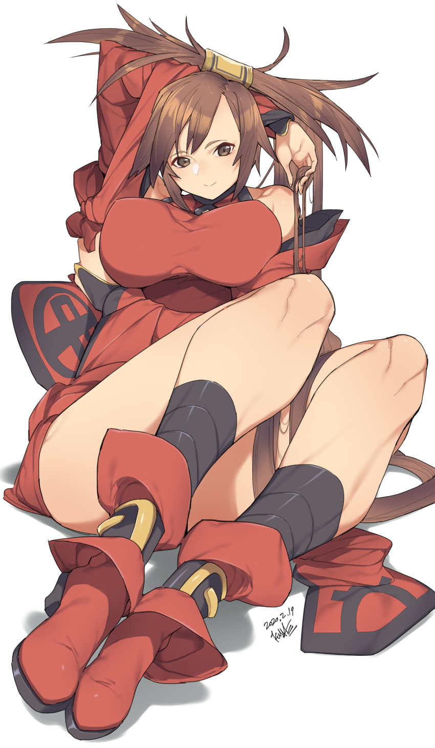 1girl absurdres ankle_boots arm_up bangs bare_shoulders boots breasts brown_eyes brown_hair china_dress chinese_clothes closed_mouth commentary_request dress full_body guilty_gear hair_ornament highres kuma_(jk0073) kuradoberi_jam long_hair looking_at_viewer medium_breasts red_dress red_footwear shadow shiny shiny_hair signature simple_background sitting sleeveless sleeveless_dress smile thighs white_background