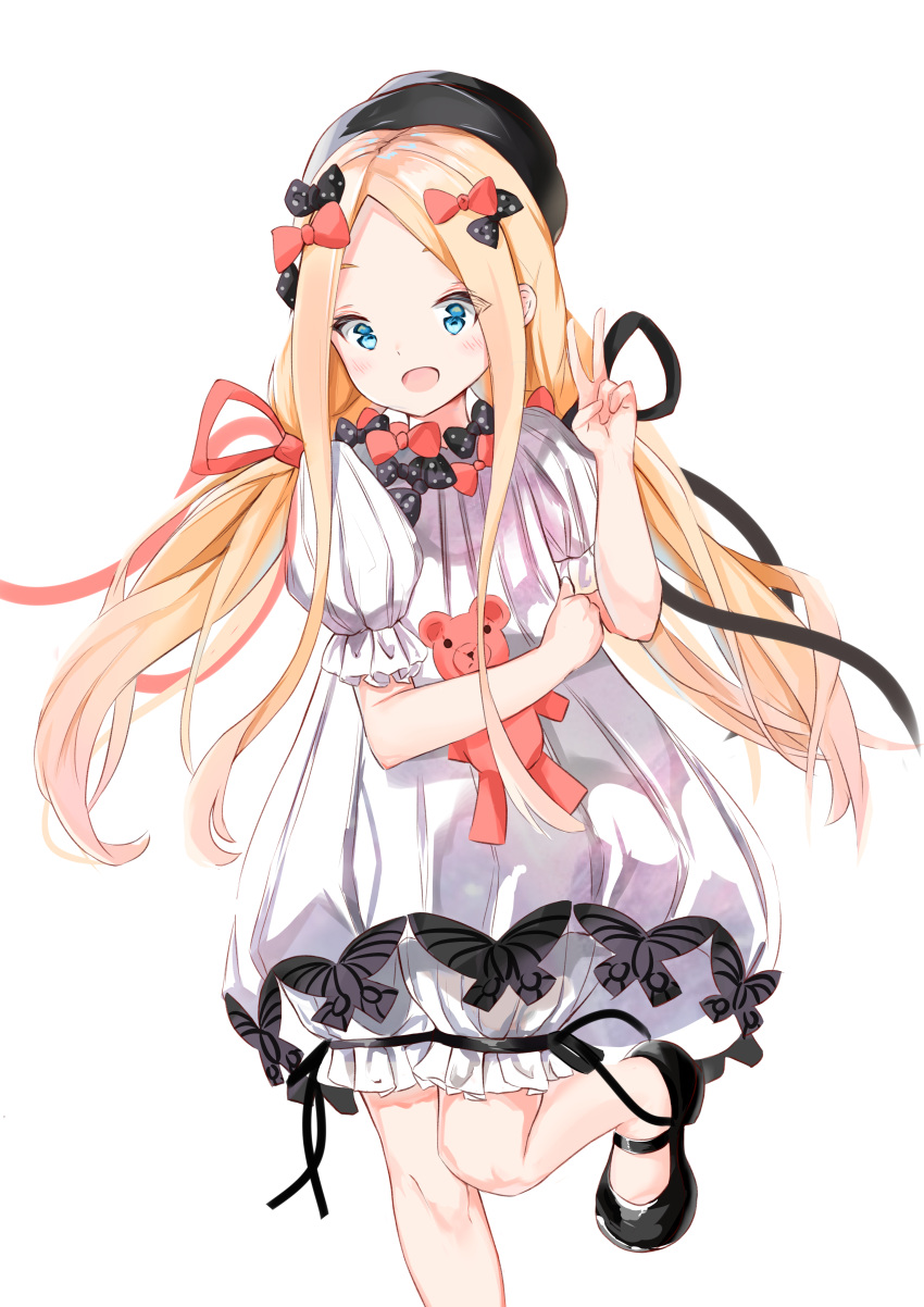 1girl :d abigail_williams_(fate) absurdres bangs black_bow black_footwear black_headwear blonde_hair bloomers blue_eyes blush bow commentary dress eyebrows_behind_hair fate/grand_order fate_(series) forehead hair_bow hand_up hat highres long_hair low_twintails object_hug orange_bow parted_bangs polka_dot polka_dot_bow puffy_short_sleeves puffy_sleeves shoes short_sleeves simple_background smile solo standing standing_on_one_leg stuffed_animal stuffed_toy teddy_bear twintails underwear v very_long_hair white_background white_bloomers white_dress yukaa