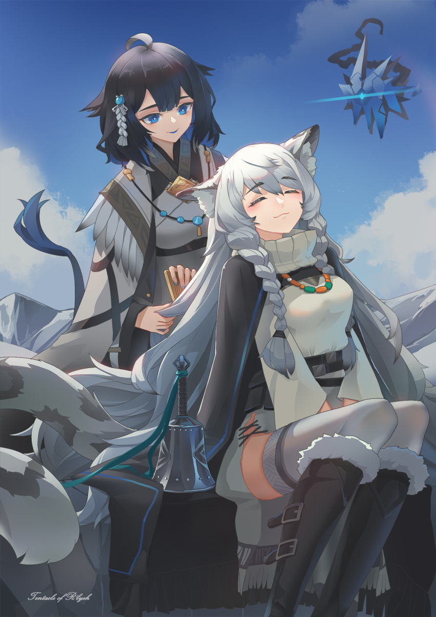 2girls :3 :p ahoge animal_ear_fluff animal_ears arknights bangs bell belt black_cape black_footwear black_hair blue_eyes blue_hair blue_nails blue_sky blush boots braid breasts bright_pupils brushing_another's_hair brushing_hair cape closed_eyes closed_mouth cloud creature day dress feather_trim floating fur-trimmed_boots fur_trim grey_dress grey_hair grey_legwear hair_brush hair_ornament high_collar highres jewelry kjera_(arknights) knee_boots leopard_ears leopard_girl leopard_tail long_hair long_sleeves medium_breasts multicolored_hair multiple_girls nail_polish necklace outdoors pramanix_(arknights) sima_naoteng sitting sky tail thighhighs tongue tongue_out twin_braids two-tone_hair very_long_hair