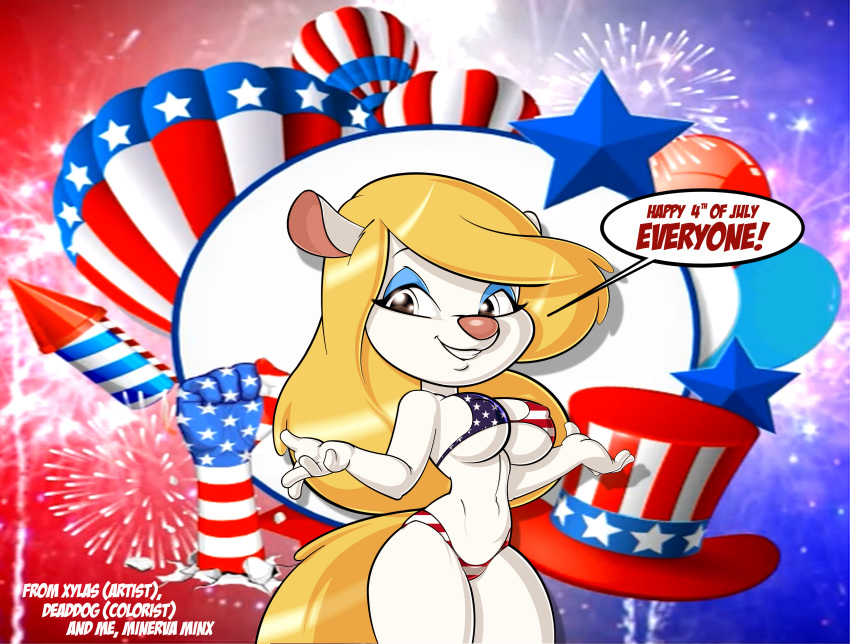 2022 4th_of_july absurd_res american_flag_bikini animaniacs anthro bikini blonde_hair breasts clothing deaddog2007 female flag_bikini fur hair hi_res long_hair looking_at_viewer mammal minerva_mink mink mustelid musteline nipple_outline smile smiling_at_viewer solo speech_bubble stars_and_stripes swimwear true_musteline united_states_of_america warner_brothers white_body white_fur xylas