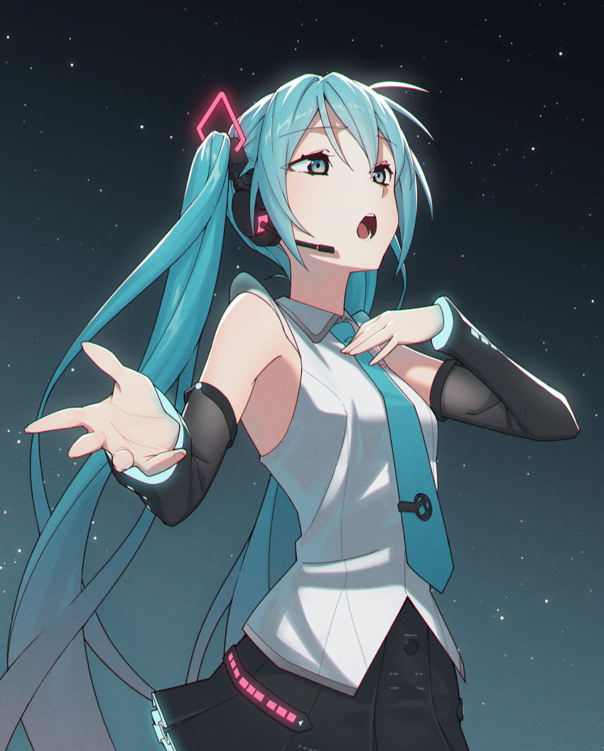 1girl aqua_eyes aqua_hair aqua_necktie bare_shoulders black_skirt black_sleeves commentary detached_sleeves facing_to_the_side foreshortening glowing hair_ornament hand_on_own_chest hatsune_miku hatsune_miku_(vocaloid4) headphones headset highres long_hair miniskirt necktie neon_trim night night_sky open_mouth outstretched_arm pleated_skirt shirt skirt sky sleeveless sleeveless_shirt solo star_(sky) starry_background starry_sky tie_clip twintails upper_body v4x very_long_hair vocaloid white_shirt yasutange