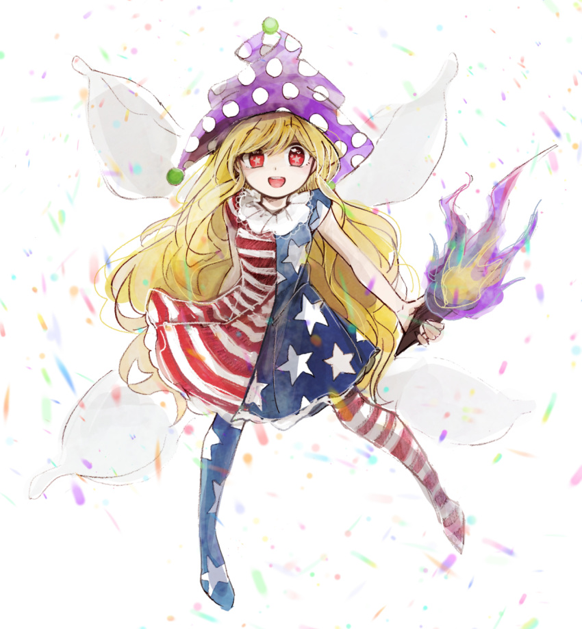 1girl american_flag_dress american_flag_legwear blonde_hair clownpiece dress fairy_wings full_body hat highres hiroshige_36 holding jester_cap long_hair looking_at_viewer neck_ruff open_mouth pantyhose polka_dot purple_headwear red_eyes short_sleeves simple_background smile solo star-shaped_pupils star_(symbol) star_print striped symbol-shaped_pupils torch touhou very_long_hair wavy_hair white_background wings