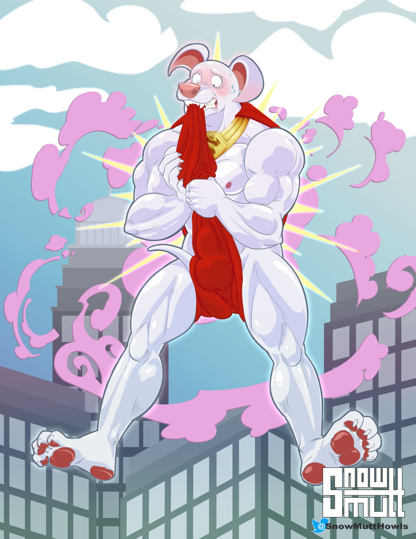 absurd_res anthro bite bodily_fluids breasts bulge canid canine canis cape clothing detailed_background domestic_dog hi_res humanoid krypto_the_superdog male mammal muscular nude paws smoke snowmutt solo sweat white_body