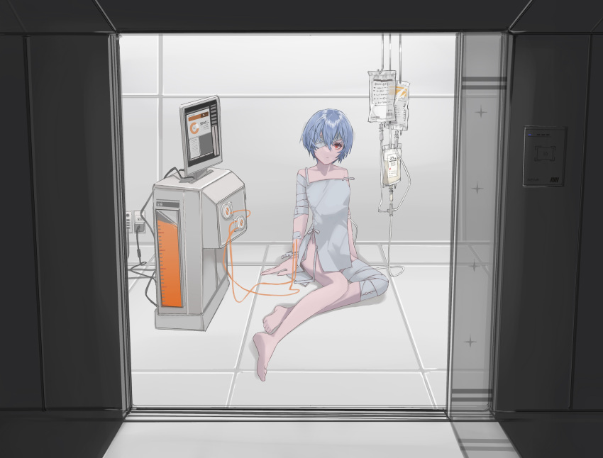 1girl absurdres ayanami_rei bandage_over_one_eye bandaged_arm bandaged_leg bandages bangs bare_shoulders barefoot blue_hair cable collarbone commentary electric_socket expressionless full_body grey_shirt hair_between_eyes hands_on_floor highres indoors intravenous_drip looking_at_viewer monitor neon_genesis_evangelion on_floor one_eye_covered open_door red_eyes shirt short_hair sitting sliding_doors solo strap_slip teizen_(rkm8656) yokozuwari