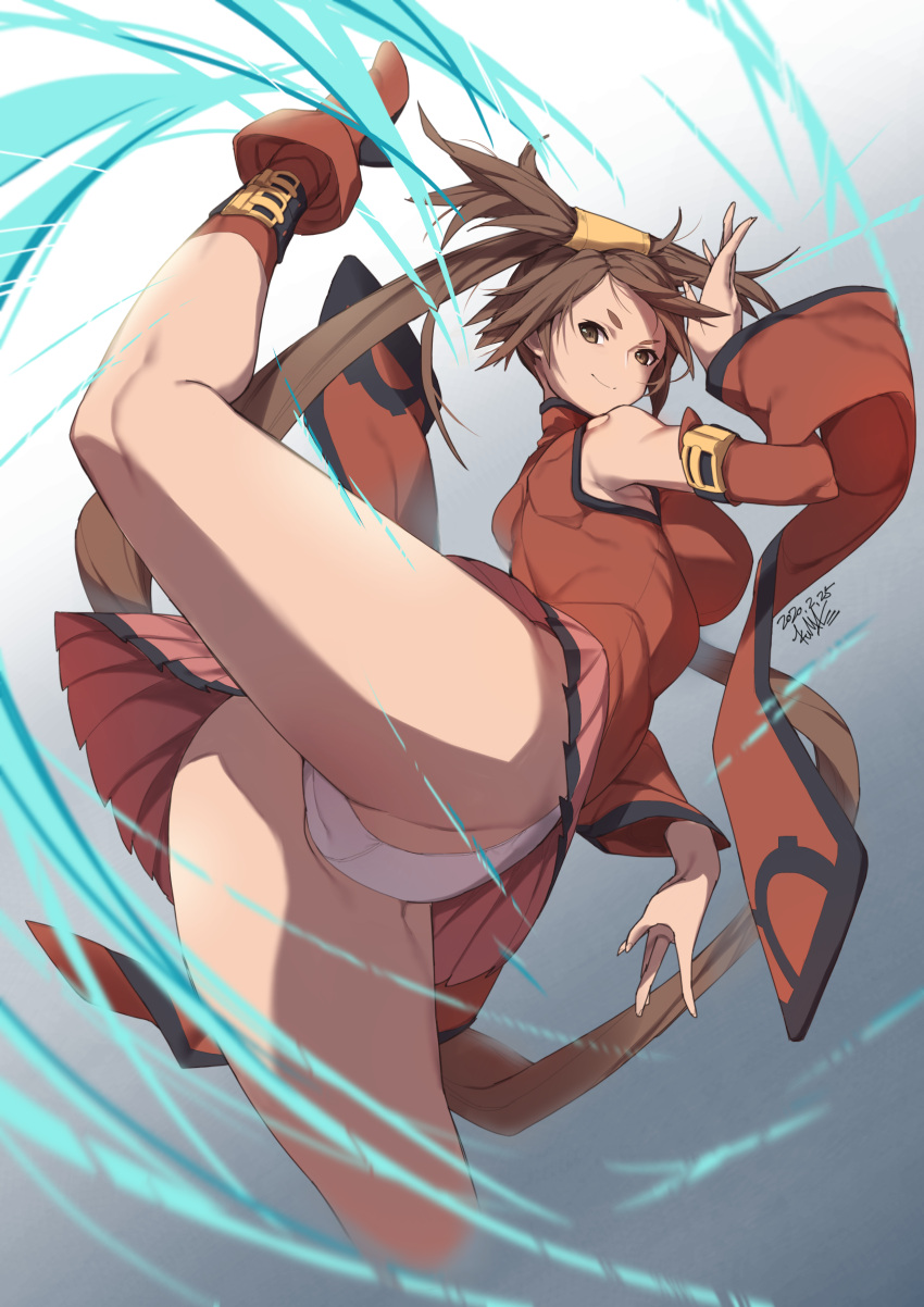 1girl absurdres ankle_boots bangs boots breasts brown_eyes brown_hair china_dress chinese_clothes closed_mouth commentary_request dress gradient gradient_background guilty_gear hair_ornament highres kuma_(jk0073) kuradoberi_jam leg_up long_hair looking_at_viewer looking_back medium_breasts panties pleated_skirt red_dress red_footwear short_dress signature simple_background skirt smile solo thighhighs underwear white_panties wide_sleeves