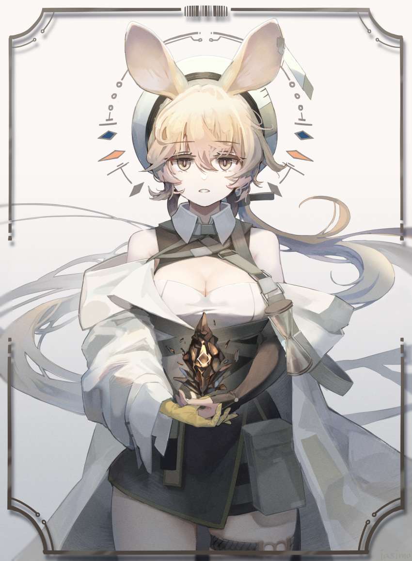 1girl absurdres animal_ears arknights asymmetrical_gloves black_gloves black_skirt blonde_hair breasts cleavage collar dorothy_(arknights) gloves hair_between_eyes hat highres iasimo jacket large_breasts long_hair looking_at_viewer mismatched_gloves mouse_ears mouse_girl off_shoulder open_clothes open_jacket originium_(arknights) panties shirt skindentation skirt solo straight-on thigh_strap underwear white_collar white_headwear white_jacket white_shirt yellow_gloves