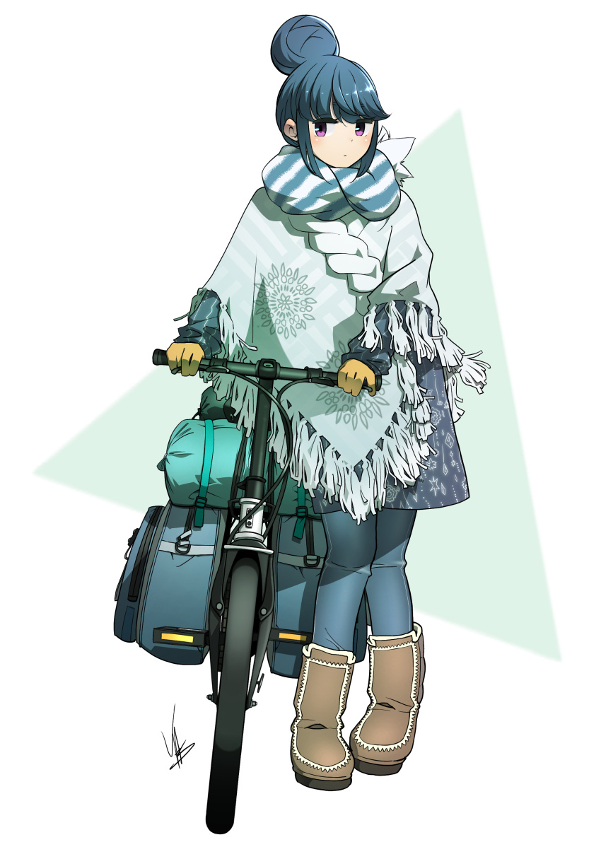 1girl absurdres bicycle blue_hair boots denim full_body gloves ground_vehicle hair_bun highres jeans pants purple_eyes saddlebags scarf shawl shima_rin simple_background solo yasu_(pixiv) yurucamp