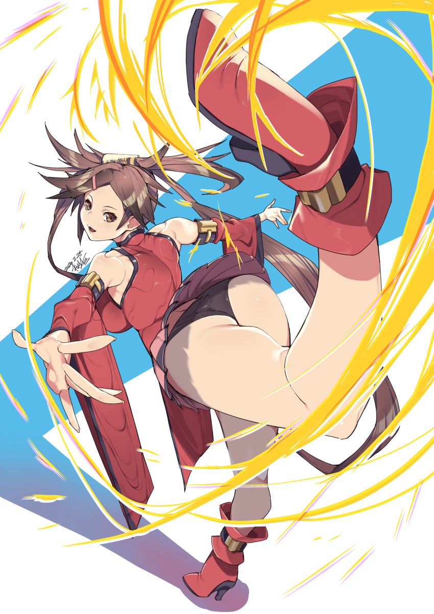 1girl absurdres ankle_boots ass bangs bare_shoulders black_panties boots breasts brown_eyes brown_hair china_dress chinese_clothes commentary_request dress fingernails full_body guilty_gear hair_ornament high_heels highres kuma_(jk0073) kuradoberi_jam leg_up long_hair looking_at_viewer looking_back medium_breasts open_mouth panties red_dress red_footwear shadow shiny shiny_clothes shiny_hair shiny_skin short_dress signature simple_background sleeveless sleeveless_dress smile standing standing_on_one_leg thighs underwear wide_sleeves