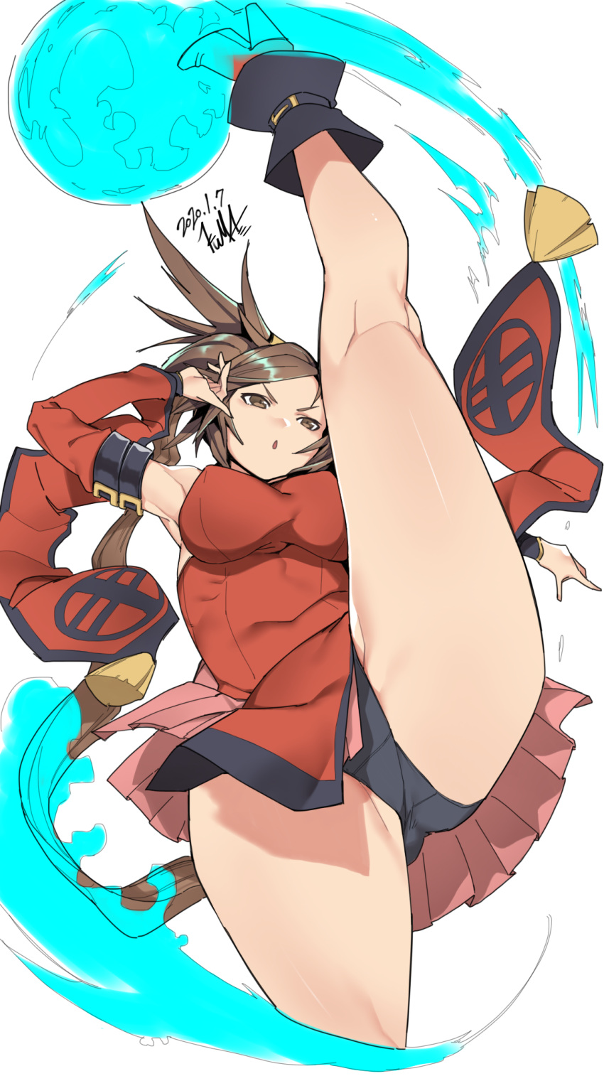 1girl ankle_boots bangs bare_shoulders black_panties boots breasts brown_eyes brown_hair china_dress chinese_clothes commentary_request dress guilty_gear hair_ornament high_heels highres kicking kuma_(jk0073) kuradoberi_jam leg_up long_hair looking_at_viewer medium_breasts panties parted_lips pleated_skirt red_dress shiny shiny_hair shiny_skin short_dress signature simple_background skirt sleeveless sleeveless_dress solo thighs underwear white_background