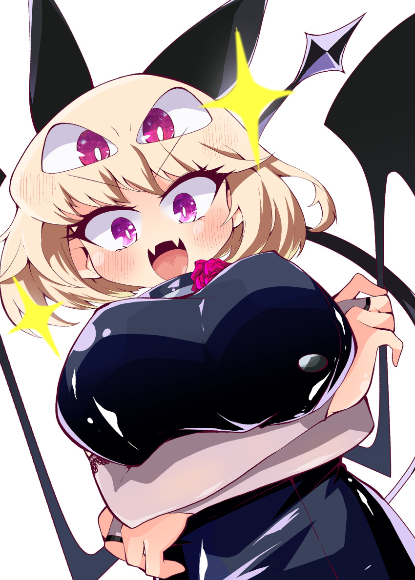 1girl absurdres animal_ears arms_under_breasts bat_ears bat_wings black_dress blonde_hair blush breasts crossed_arms debby_the_corsifa debby_the_corsifa_wa_makezugirai debyi_za_korushifa_wa_makezugirai demon_tail demon_wings dress elbow_gloves extra_eyes fang fingerless_gloves flower flower_neckwear from_below gloves highres large_breasts looking_at_viewer open_mouth purple_eyes red_eyes red_flower red_rose rose shinsou_komachi short_hair simple_background skin_fang solo tail v-shaped_eyebrows white_background wings