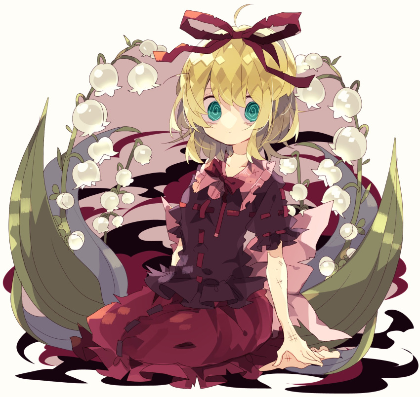 1girl @_@ ahoge bangs barefoot blonde_hair bow bowtie bruise commentary dirty dirty_clothes expressionless flower frilled_shirt_collar frills full_body hair_ribbon highres injury lily_of_the_valley looking_at_viewer medicine_melancholy medium_hair nikorashi-ka one-hour_drawing_challenge red_bow red_ribbon red_shirt red_skirt ribbon ribbon-trimmed_shirt seiza shirt short_sleeves sitting skirt solo torn_clothes touhou