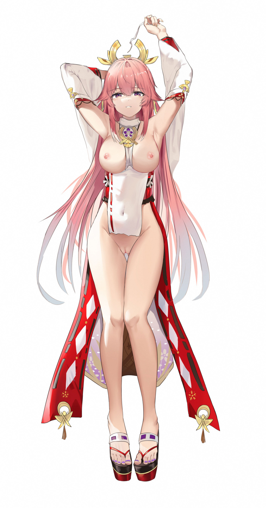 1girl absurdres animal_ears armpits arms_up ass_visible_through_thighs bare_legs blush breasts clitoris commentary covered_navel detached_sleeves earrings eyebrows_behind_hair fox_ears full_body genshin_impact geta hair_between_eyes headpiece highres jewelry jsscj large_breasts long_hair looking_at_viewer nail_polish necklace nipples no_panties obi parted_lips pelvic_curtain pink_hair platform_footwear purple_eyes purple_nails pussy sash sidelocks simple_background smile solo standing tassel thigh_gap thighs toenail_polish toenails toes torn_clothes white_background wide_sleeves yae_miko